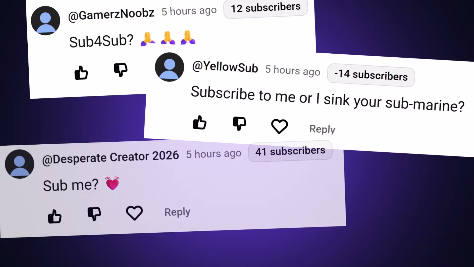 Sub-begging comments like 'Sub4Sub' and 'Sub me?' violate YouTube's spam policies and can trigger channel strikes.