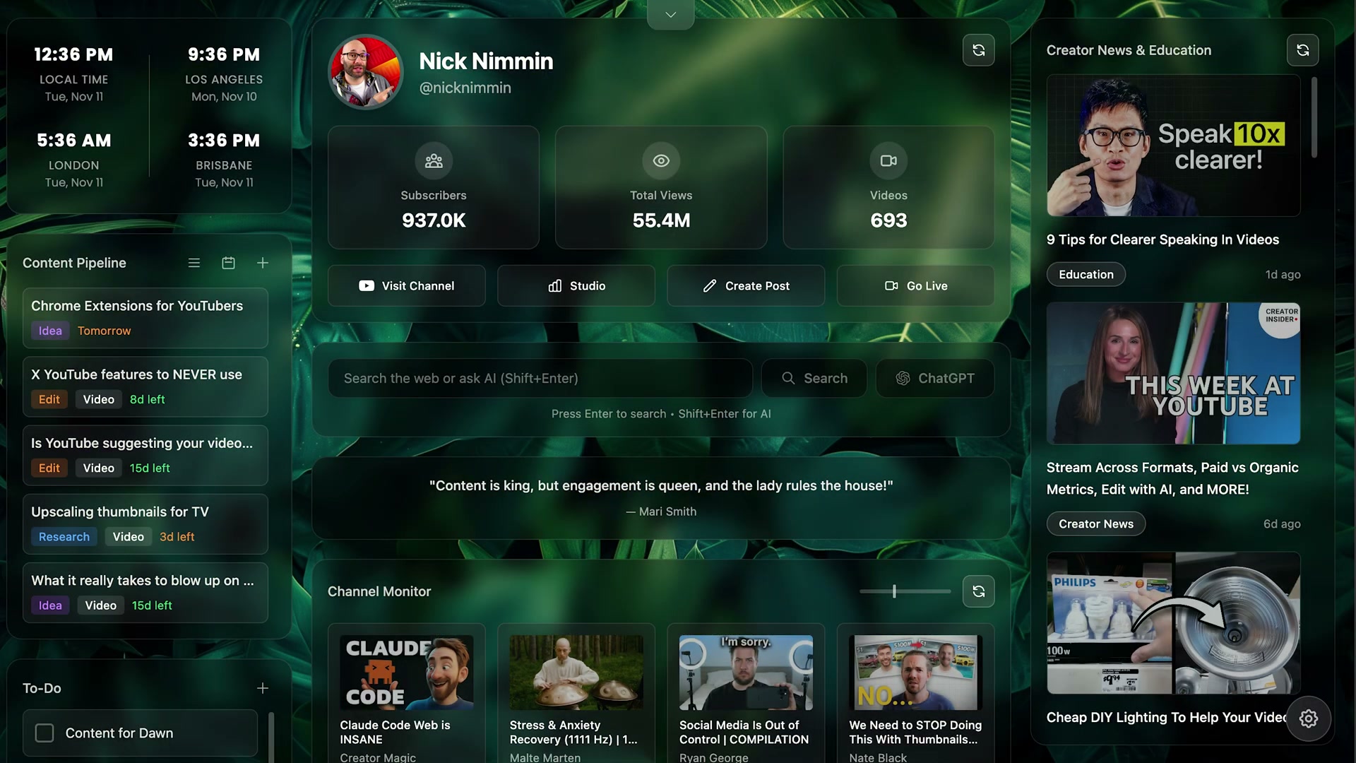 A Chrome extension overhauls YouTube Studio with a dark theme, content pipeline sidebar, and at-a-glance channel stats.