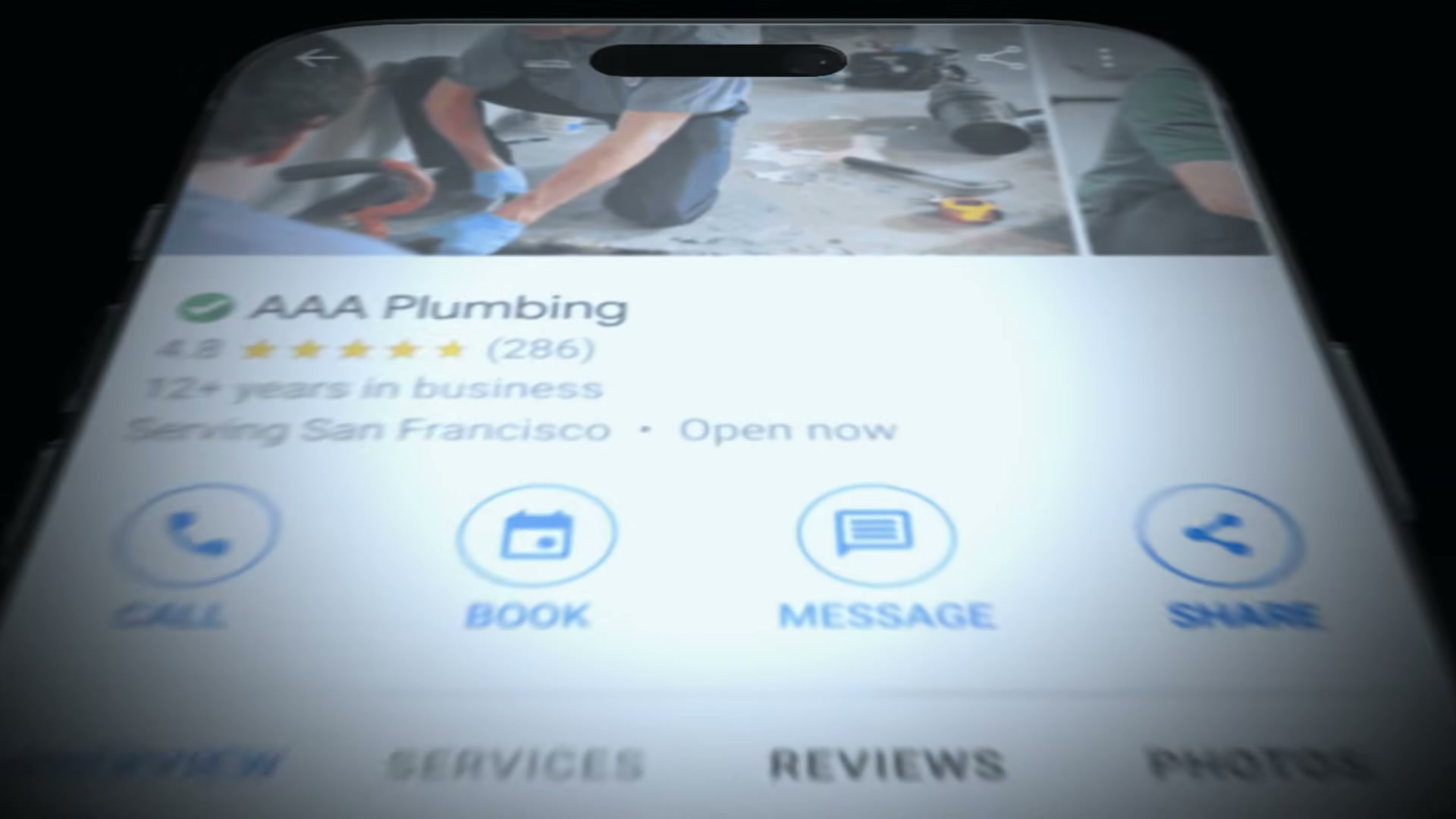A Google Local Service Ad on mobile: the Google Guarantee badge, 4.8-star rating, and one-tap booking CTA are the key trust signals that separate LSAs from standard Search Ads.
