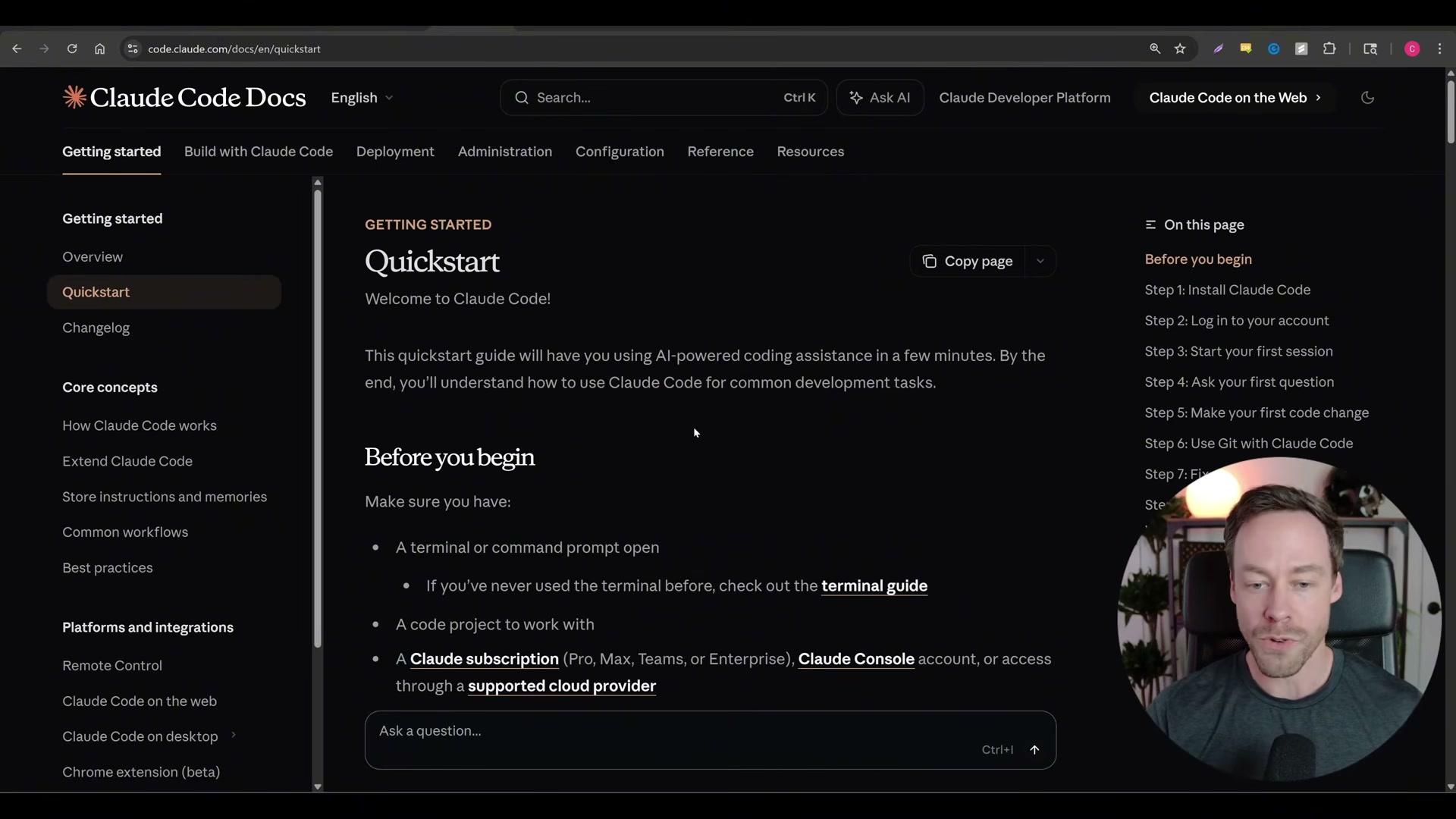 The official Claude Code Quickstart page outlines prerequisites: a terminal, a code project, and a Claude subscription