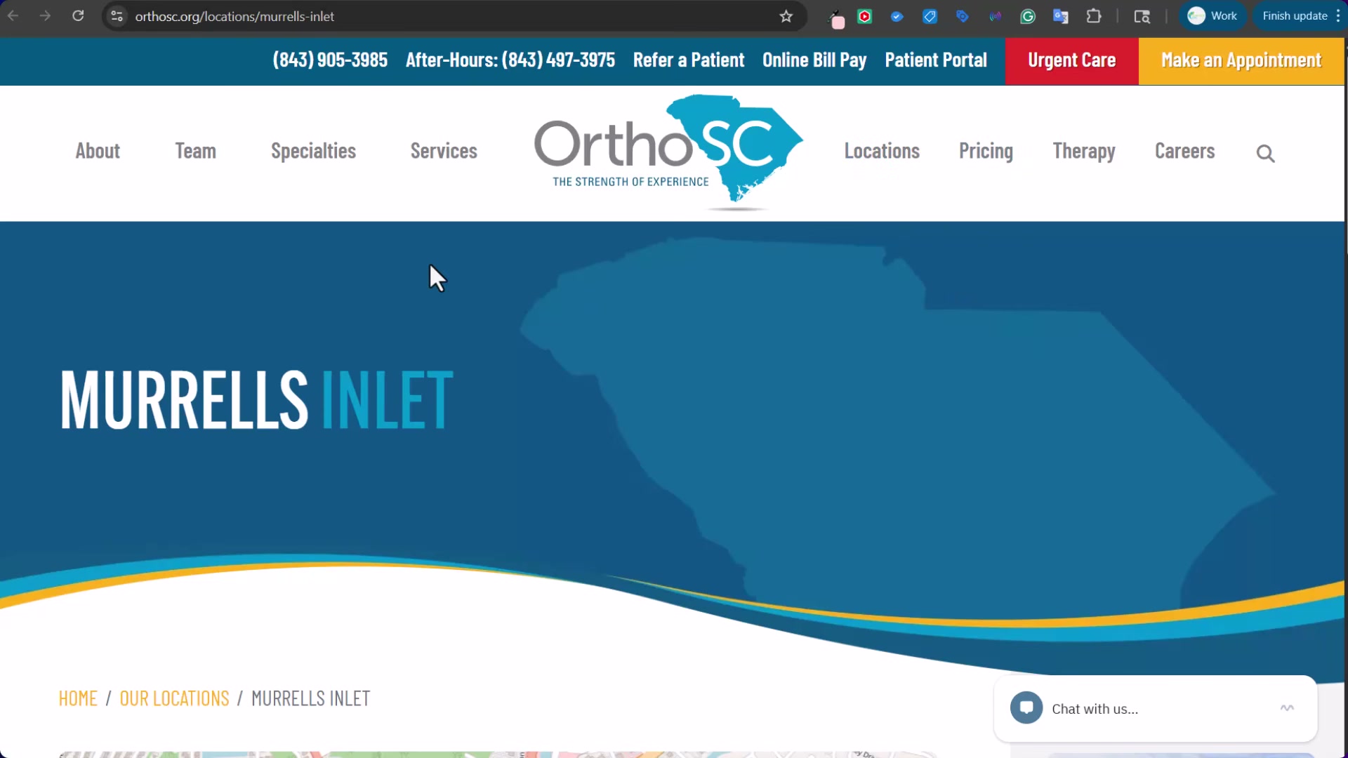 OrthoSC's location-specific landing page — phone, CTAs, and local branding all above the fold