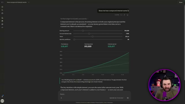 Claude's interactive compound-interest widget: drag any slider and the chart recalculates in real time
