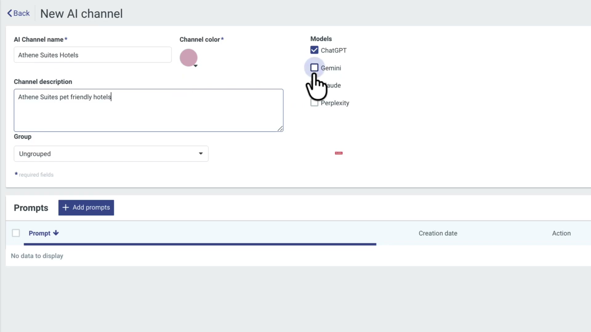Create a new AI channel in Hootsuite by naming it, adding a description, and selecting which LLM models (ChatGPT, Gemini, Claude, Perplexity) to monitor.