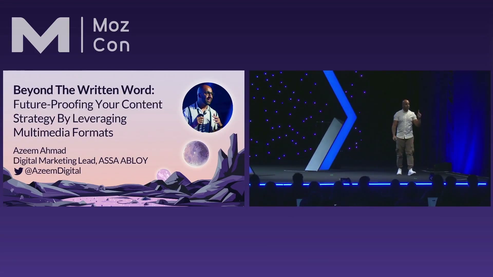 Azeem Ahmad opens his MozCon 2023 session on future-proofing content strategy with multimedia formats.