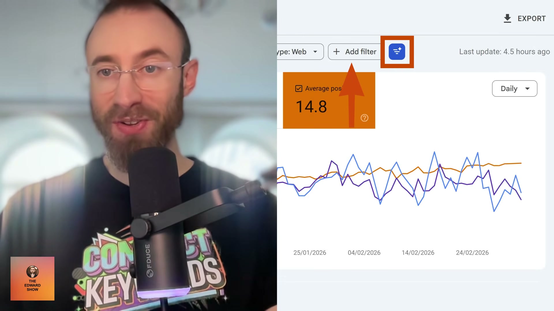 Find the AI-powered filter button in the GSC Performance report toolbar — it's the spark icon next to 'Add filter'.