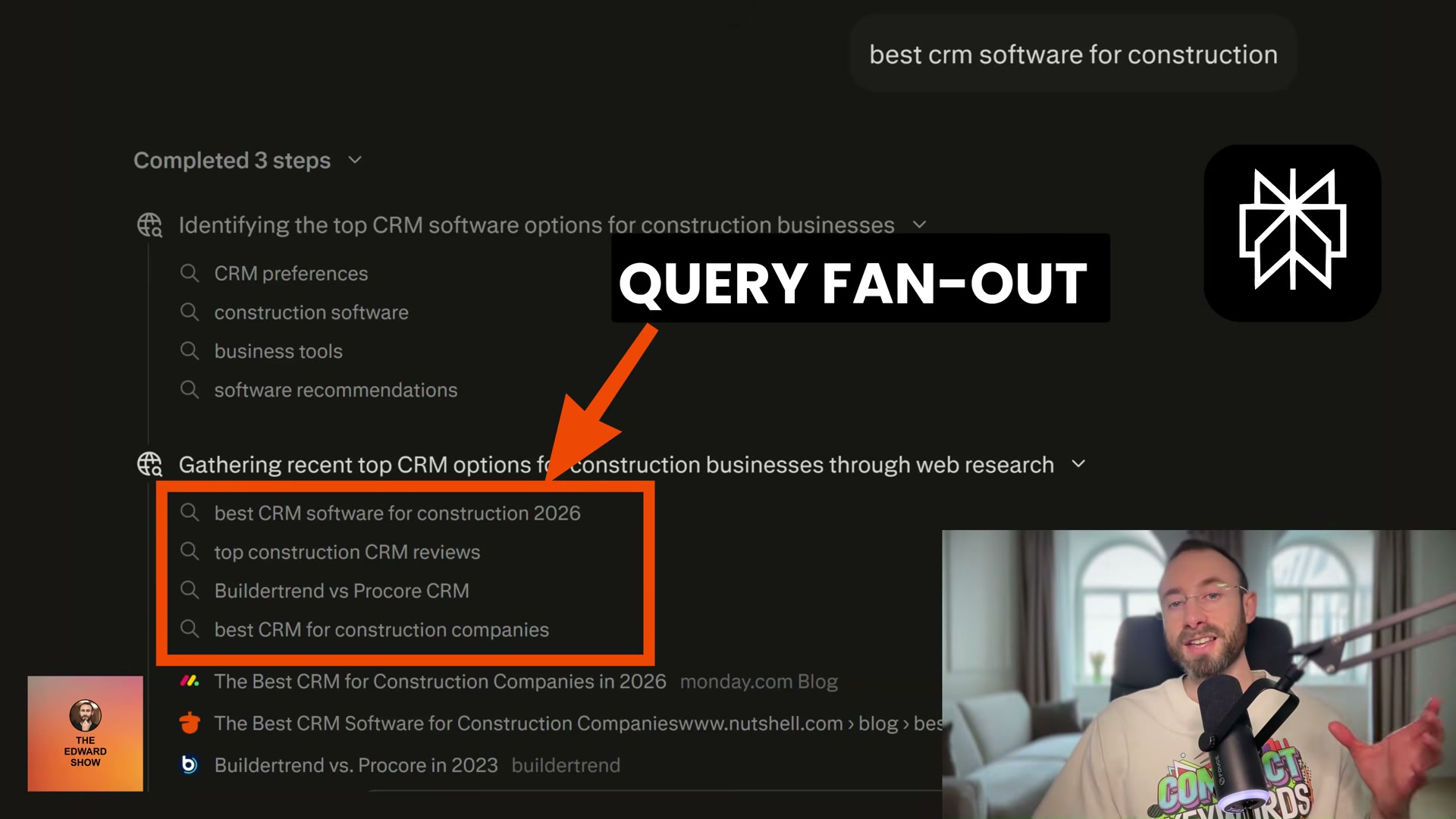 Query fan-out in action: Perplexity issues multiple live web searches from a single user prompt.