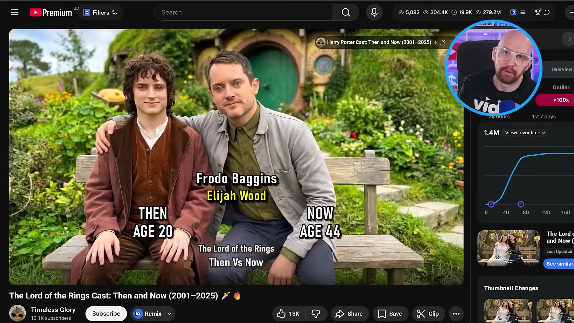 vidIQ flags this Lord of the Rings 'Then and Now' video as an outlier at >100x expected views — proof the celebrity nostalgia niche prints traffic