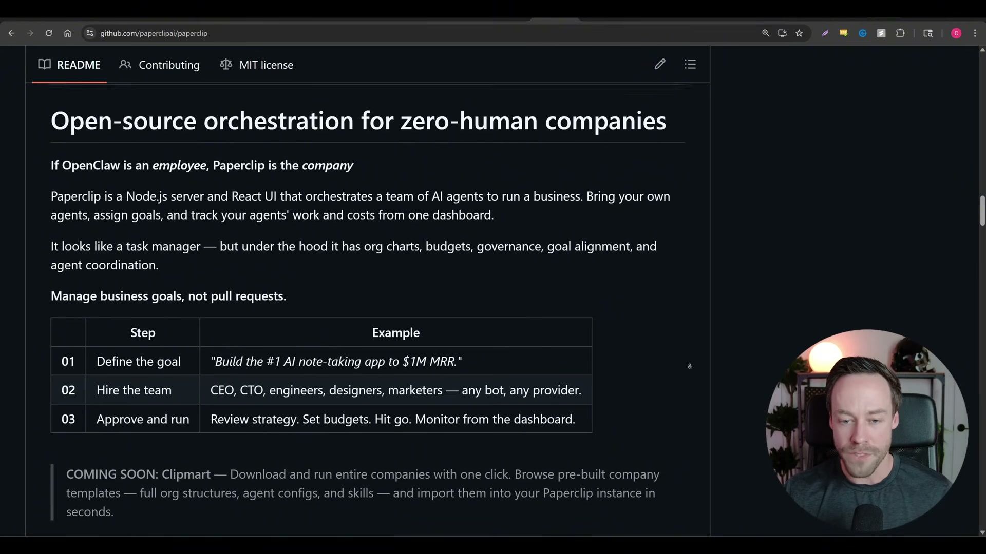 Paperclip's three-step model: define a goal, assemble an AI team, hit go — the entire pitch in one README table