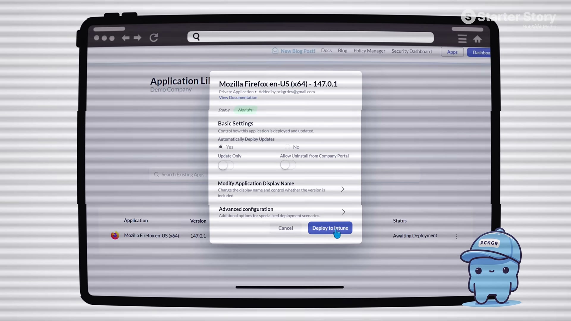 Pckgr's Deploy to Intune modal: configure auto-updates and click one button to push Firefox to your entire device fleet