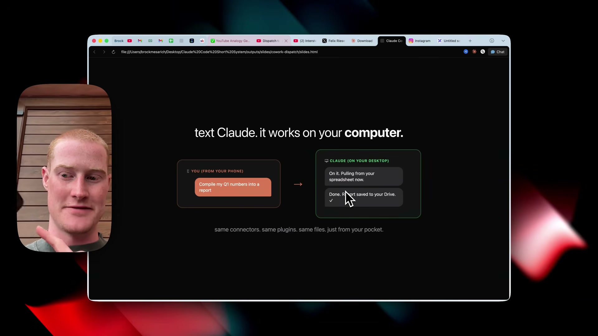 Dispatch bridges your phone and desktop: text Claude a task, and it executes on your computer using the same connectors and files it always had.