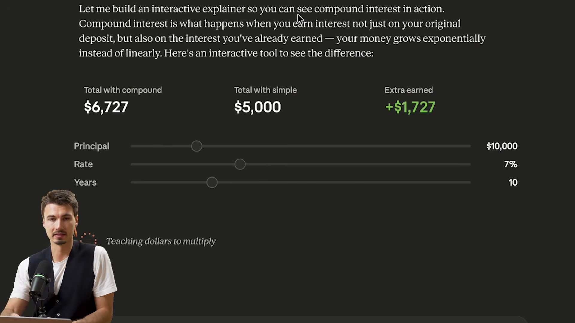 Claude builds a live compound-interest calculator with adjustable sliders — output updates instantly as you drag each control.