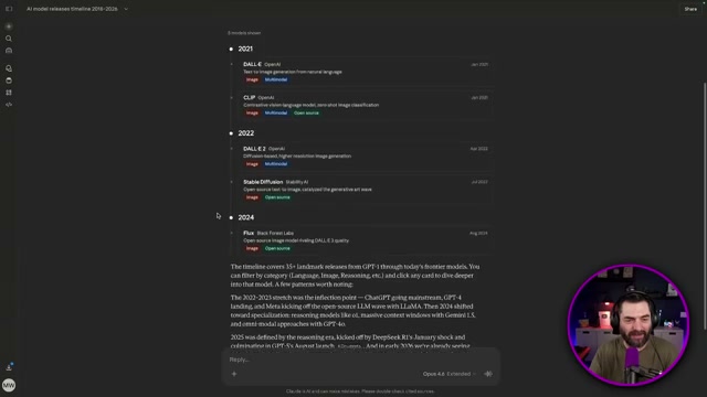 Claude builds an interactive AI model timeline — click any card to filter by category or provider