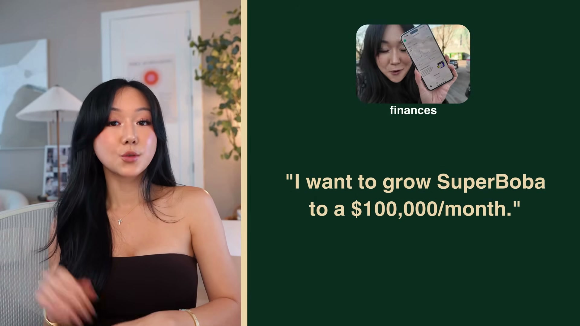 North star goals are written as first-person, specific, dollar-anchored statements — not vague aspirations. Here: $100k/month for SuperBoba under the finances category.