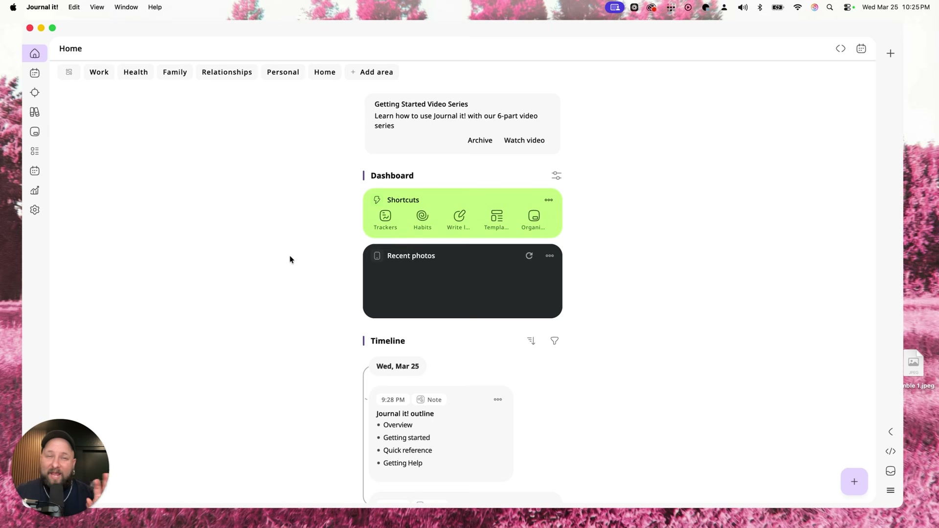 Journal It! Home dashboard: Shortcuts, Recent Photos, and the Timeline at a glance