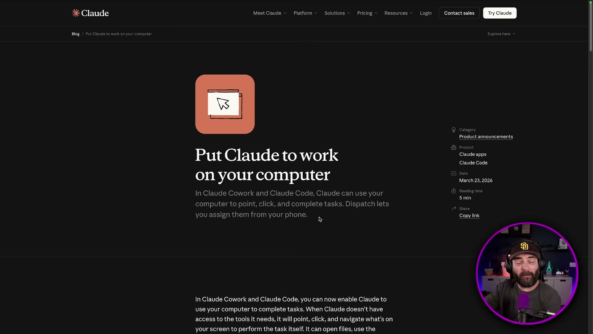 Anthropic's official announcement page for Claude computer use via Cowork and Claude Code — point, click, and assign tasks from your phone.