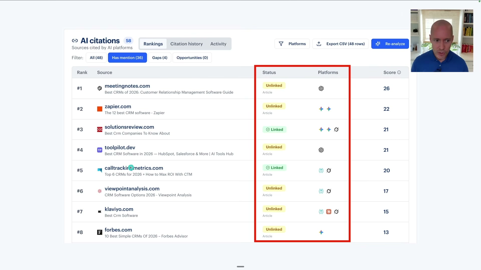 Rankability's AI Citations view ranks every third-party source mentioning your brand — most show 'Unlinked' status, confirming AI pull without a backlink.