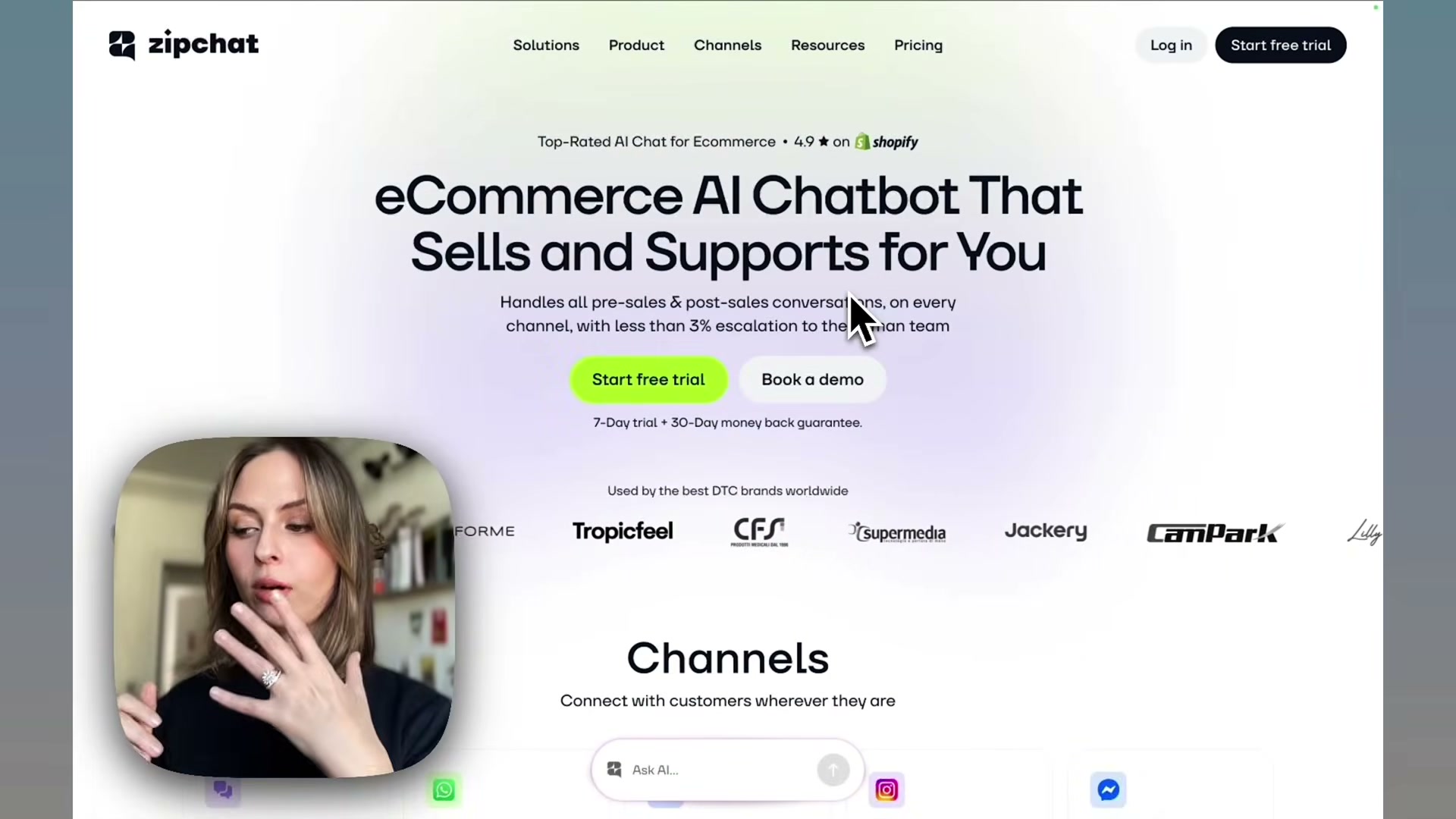 ZipChat's homepage positions it as a top-rated Shopify AI chat tool handling pre- and post-sales across every channel with less than 3% escalation to humans.