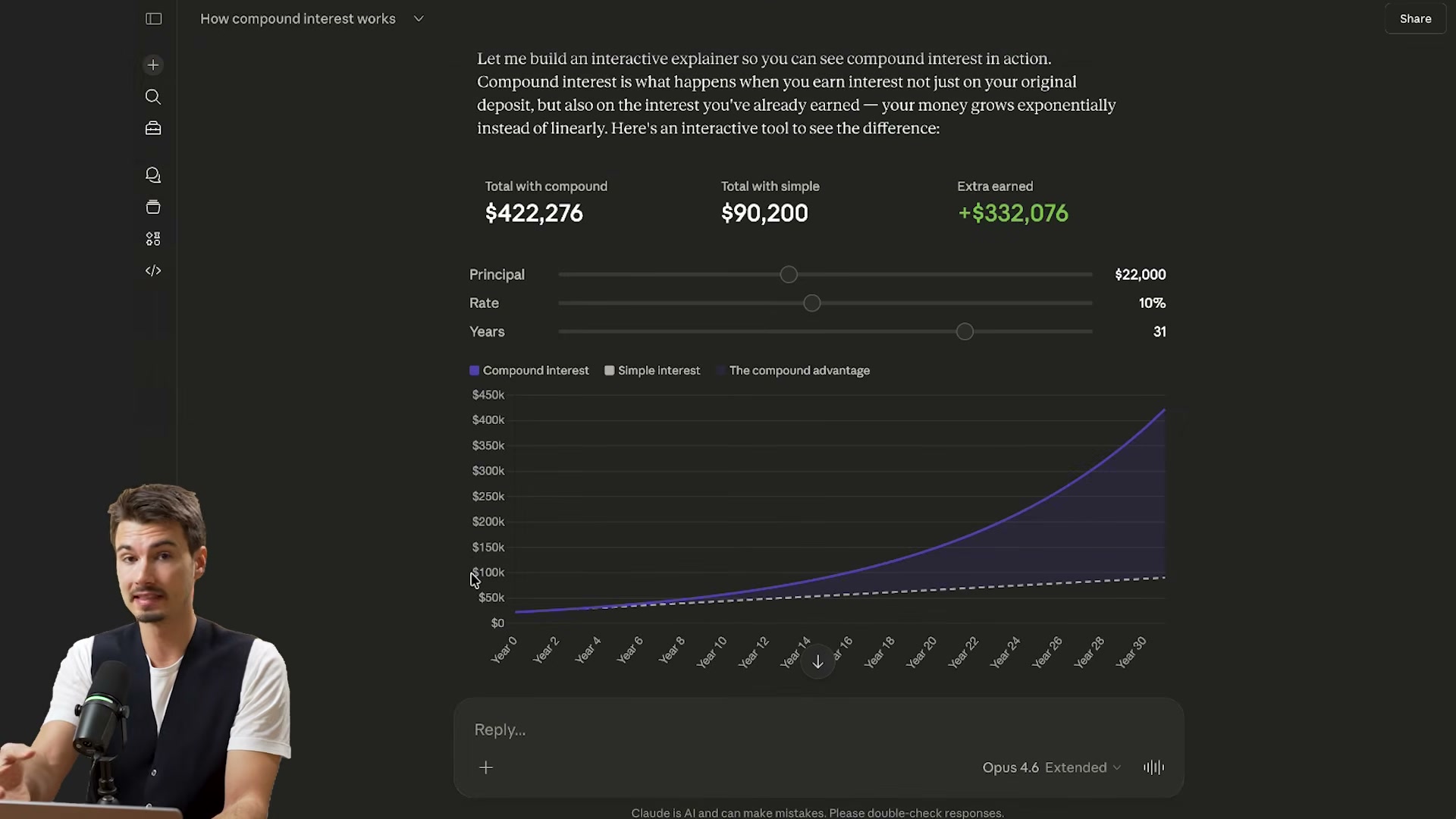 Scroll down in the same Claude response to see the exponential growth chart — and note the Opus 4.6 + Extended Thinking model settings used to generate it.
