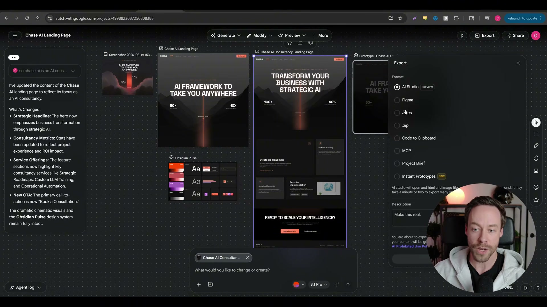 Stitch's Export panel: choose 'Code to Clipboard' or 'AI Studio' to pipe your design directly into Claude Code for production build.