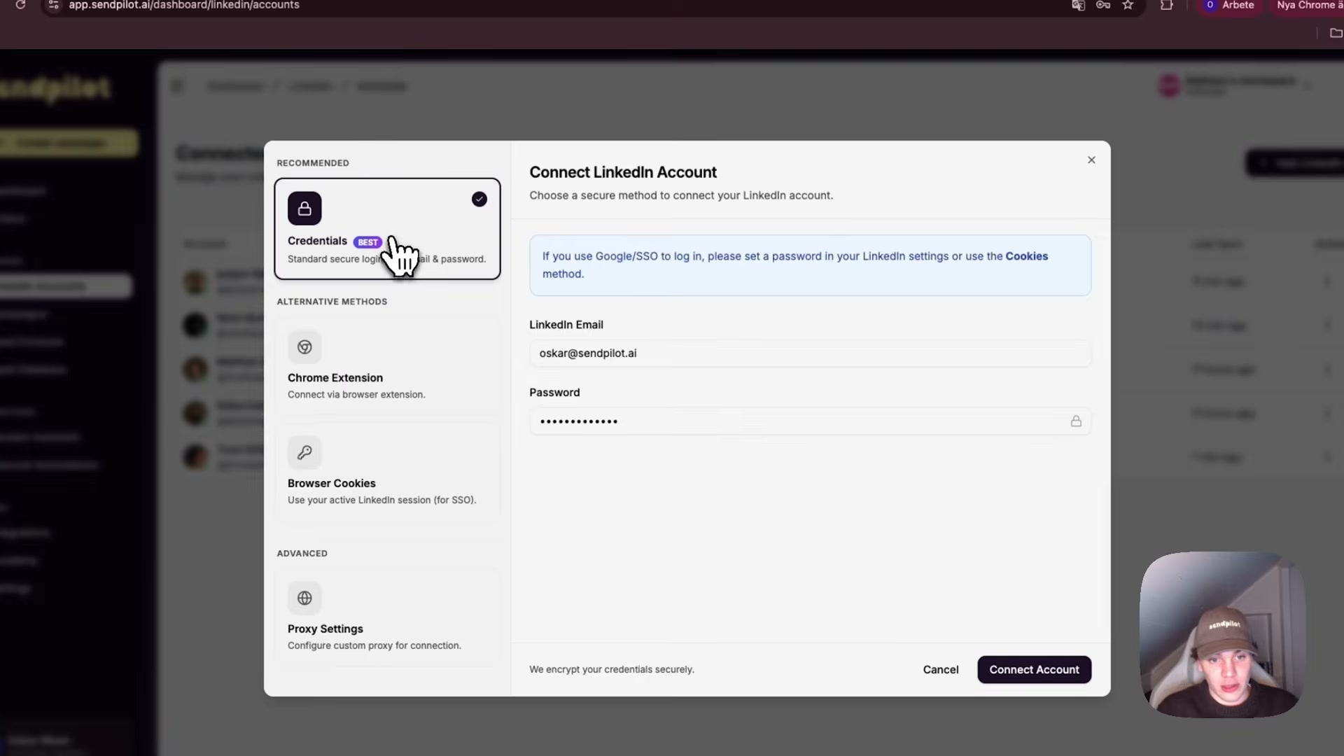 Connecting a LinkedIn account in SendPilot: choose Credentials, Chrome Extension, or Browser Cookies