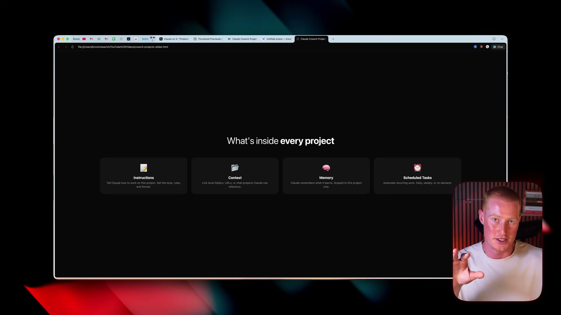 Every Claude Cowork project comes with four built-in layers: Instructions, Context, Memory, and Scheduled Tasks