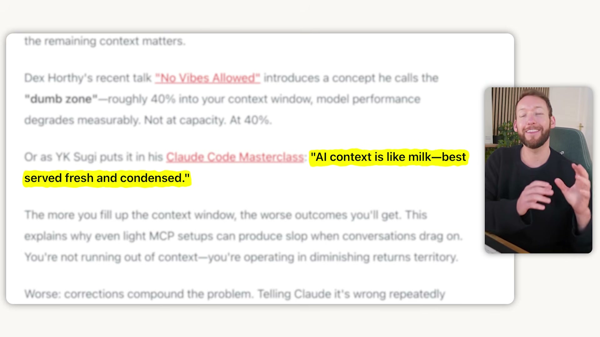 Context is like milk β YK Sugi's framing from the Claude Code Masterclass captures exactly why long sessions produce slop.