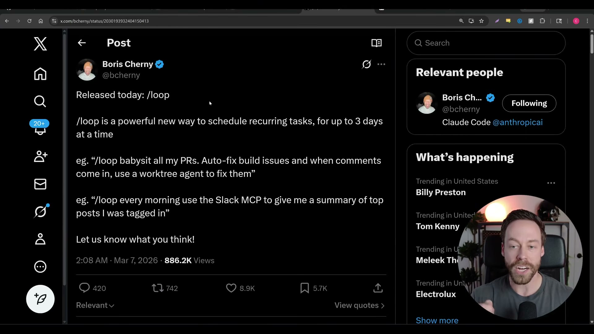 Boris Cherny's announcement tweet introducing /loop — a new way to schedule recurring tasks in Claude Code for up to 3 days at a time.