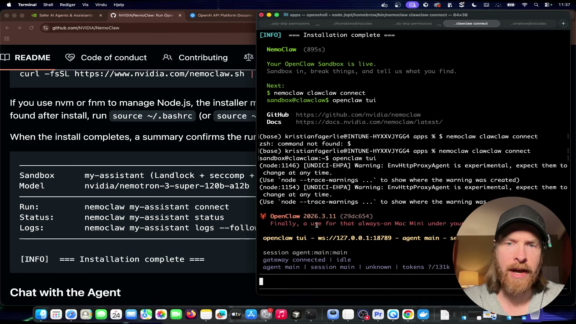 Installation complete: `openclaw tui` launches the agent and confirms sandbox connection on localhost:18789.