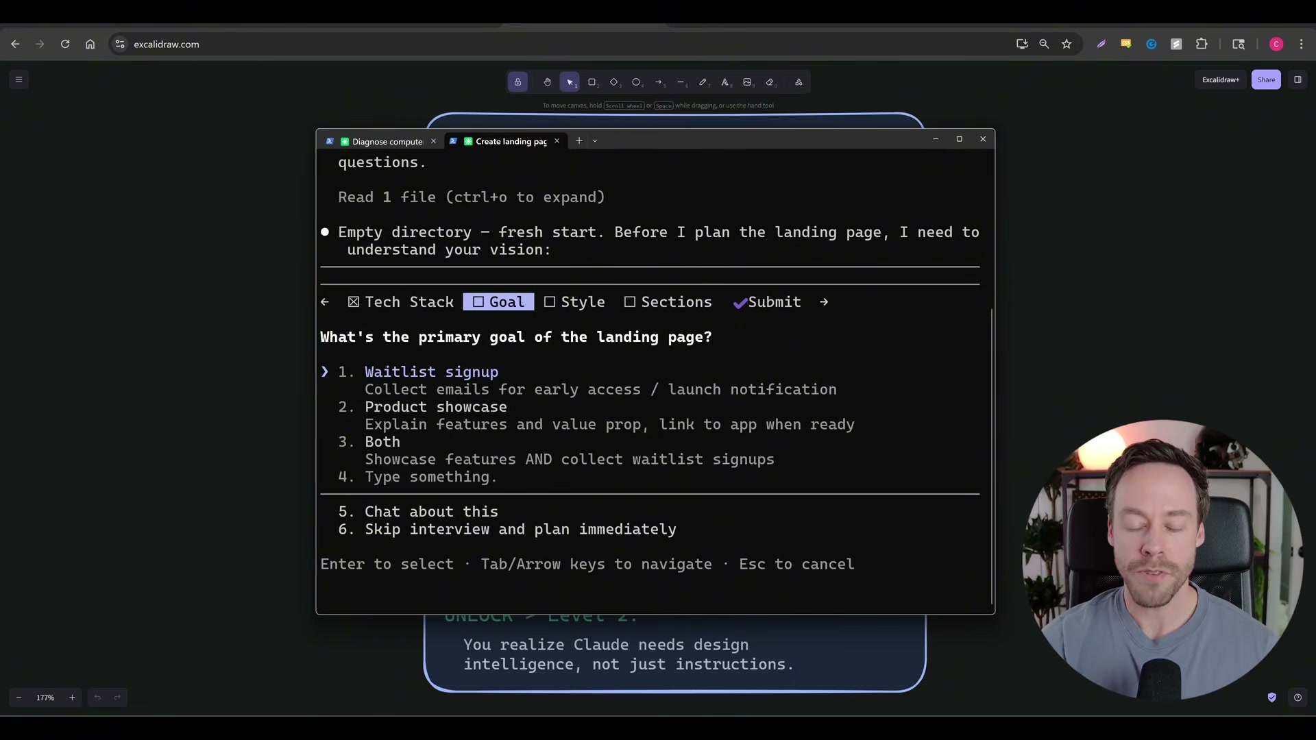 The skill's built-in interview step: Claude asks about page goal before writing a single line of code.