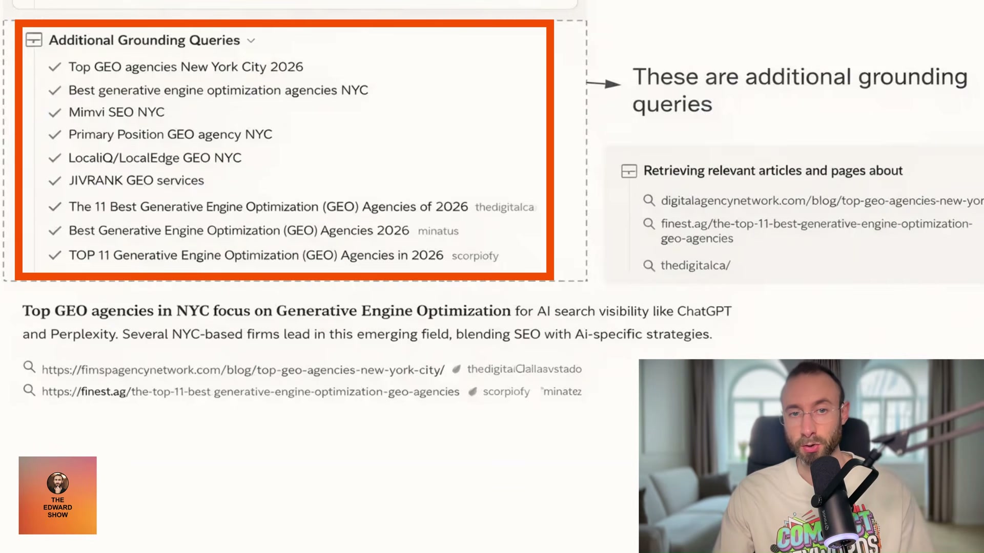 Additional grounding queries for 'top GEO agencies NYC' — the exact searches AI runs to build its answer.