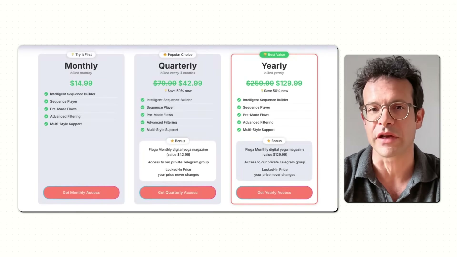 Fioga's three-tier subscription pricing after the LTD window closed: Monthly, Quarterly, and Yearly plans with locked-in bonuses.