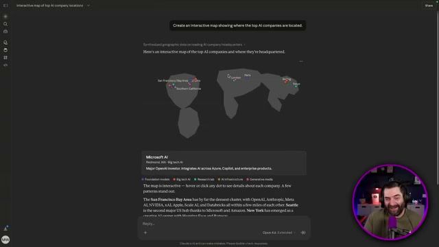 Claude's interactive AI company map: hover any dot to see company details, categories, and HQ location