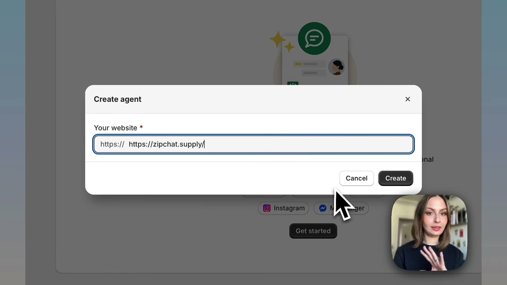 Step 1: Enter your store URL in the 'Create agent' dialog — ZipChat uses this to auto-crawl and train on your site content.