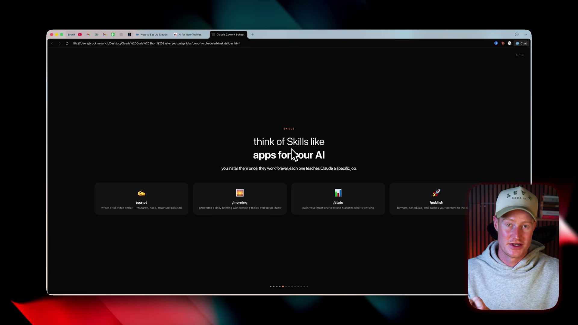 Skills work like apps for your AI: install once, and each one teaches Claude a specific job — from video scripts to morning briefings to analytics.
