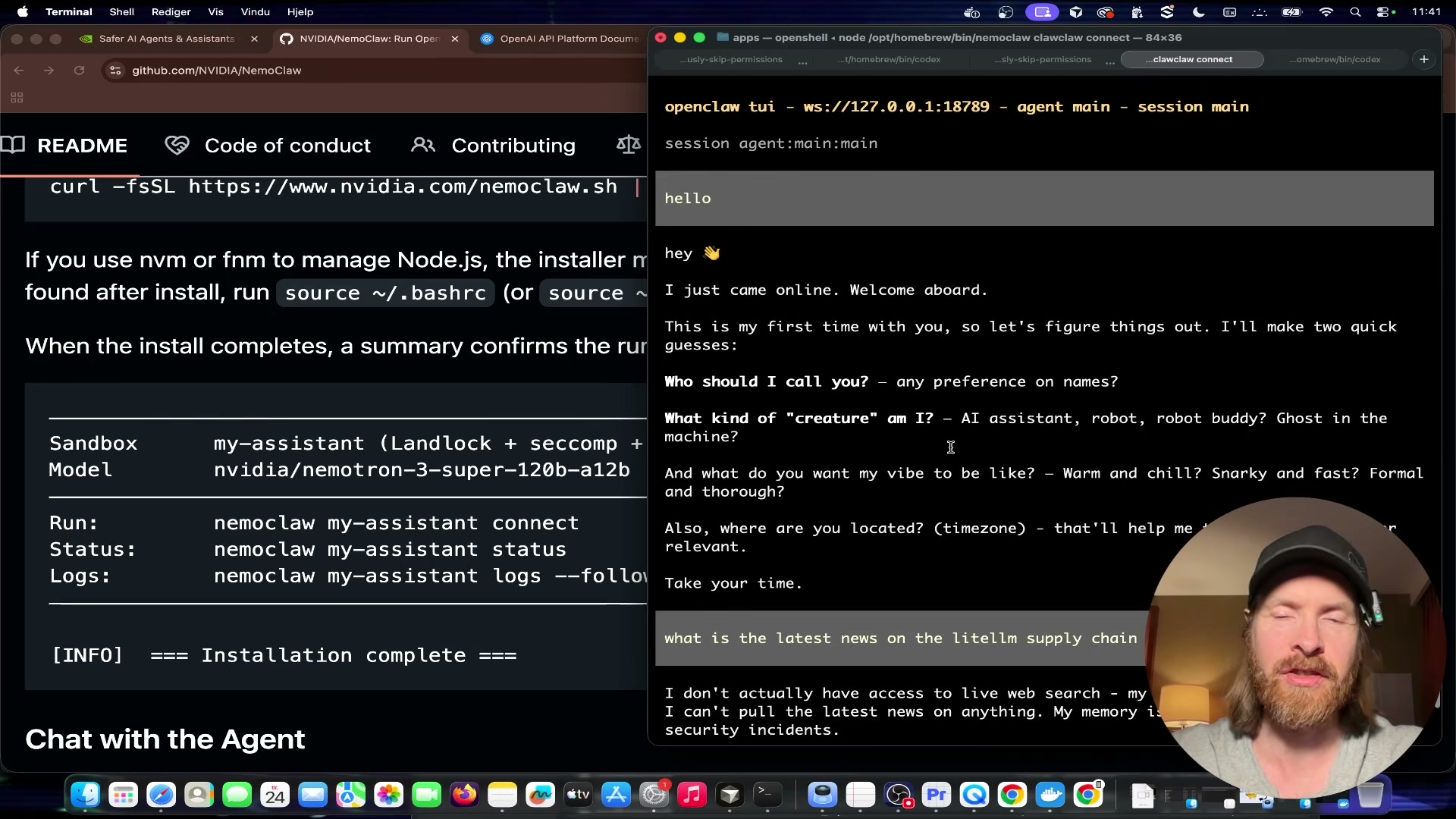 NemoClaw agent live in the TUI: the locally-hosted Qwen model responds to queries with no cloud dependency.