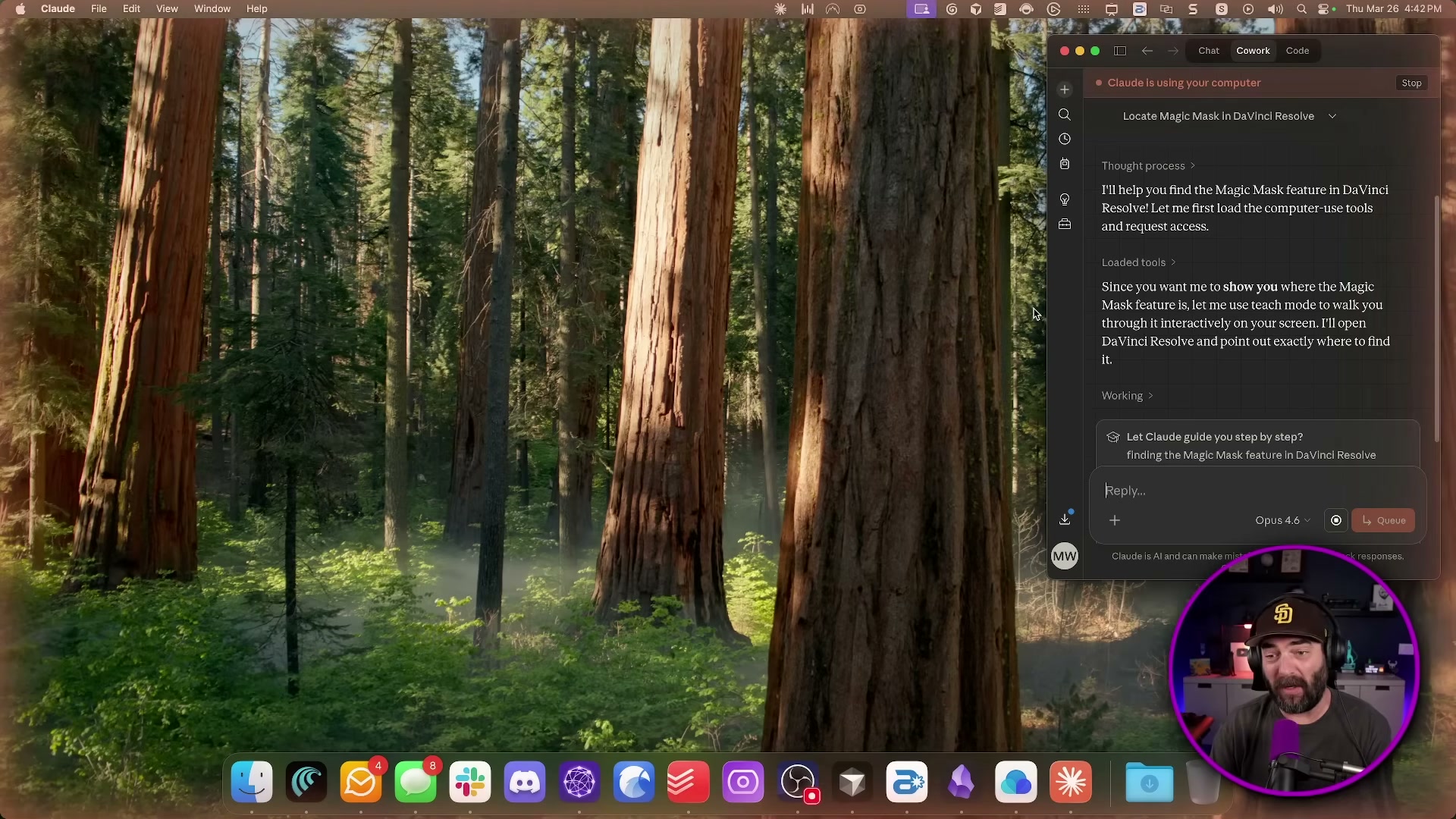 Claude Cowork in action: the AI narrates its plan to locate DaVinci Resolve's Magic Mask feature using on-screen tools and touch gestures.