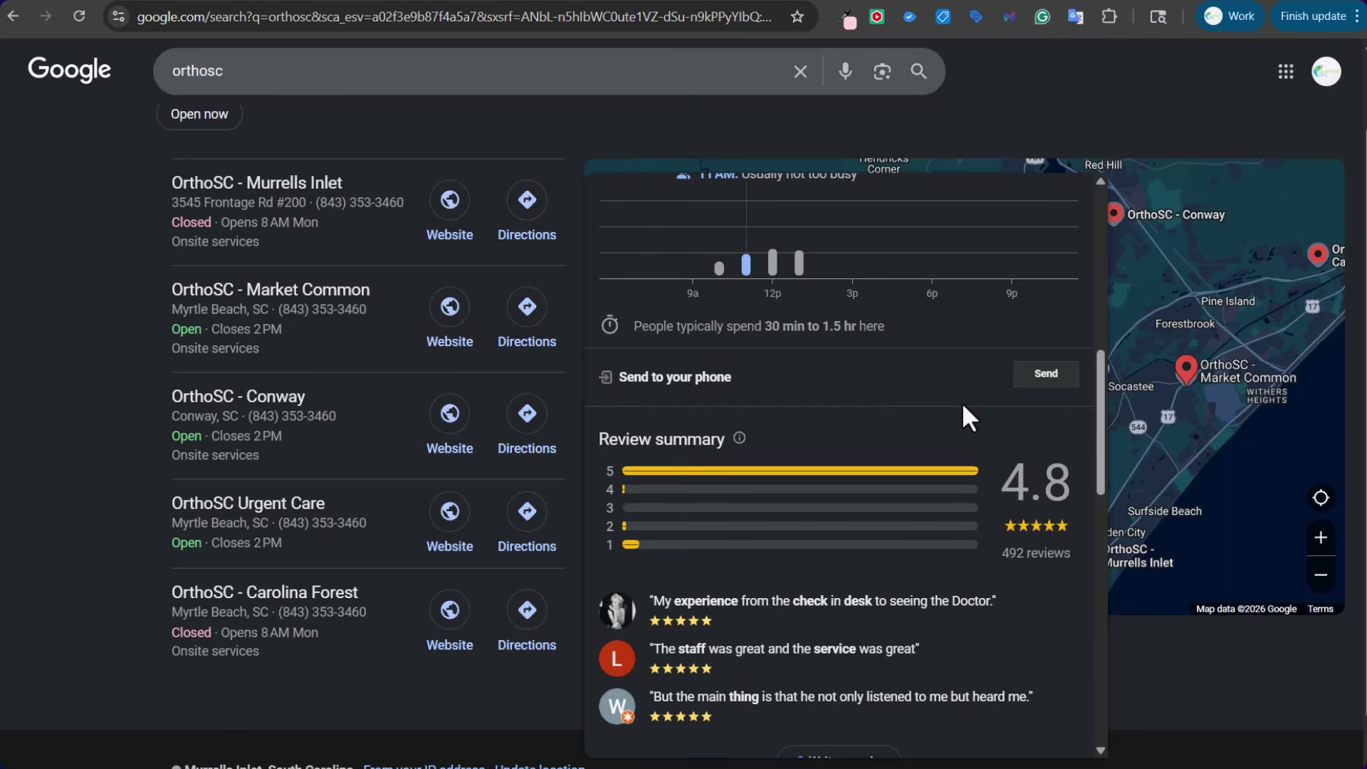 OrthoSC's Google Business Profile: 4.8 stars across 492 reviews with AI-generated review summary visible