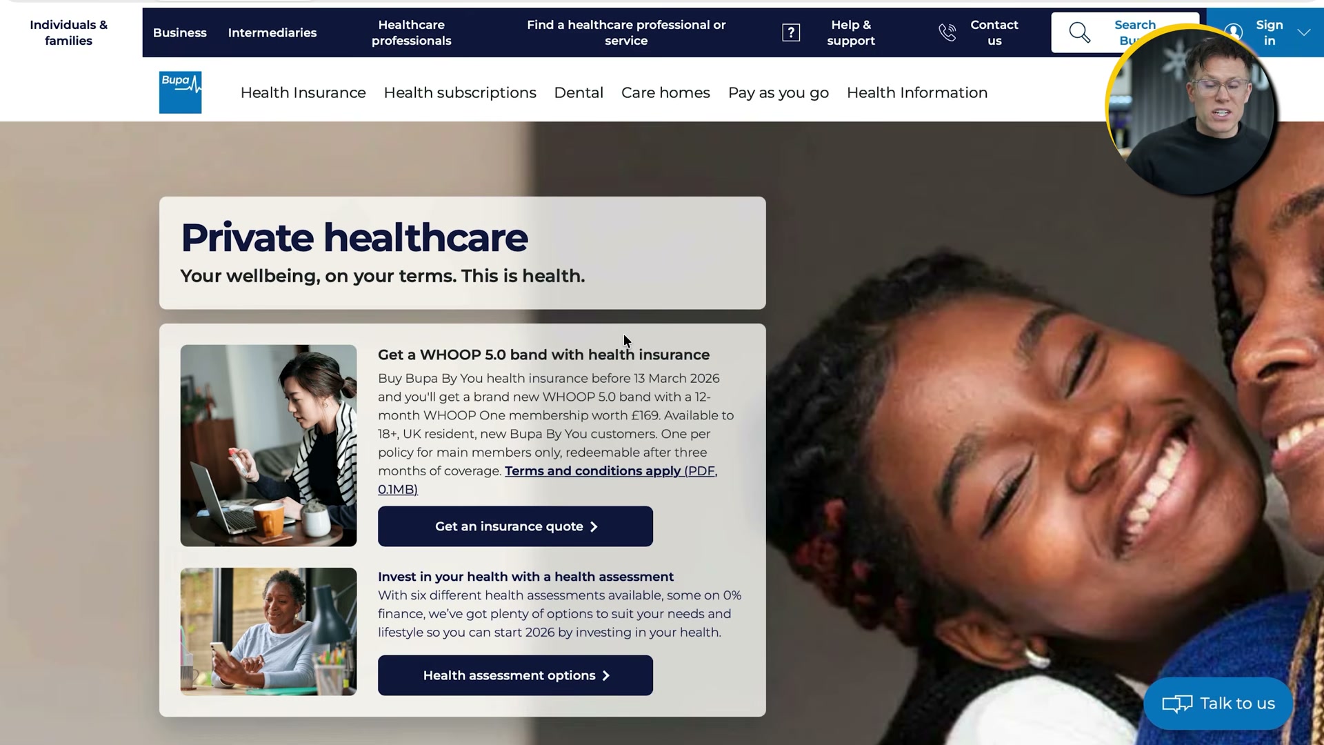 Bupa's homepage balances insurance CTAs with health information to capture patients at every stage.