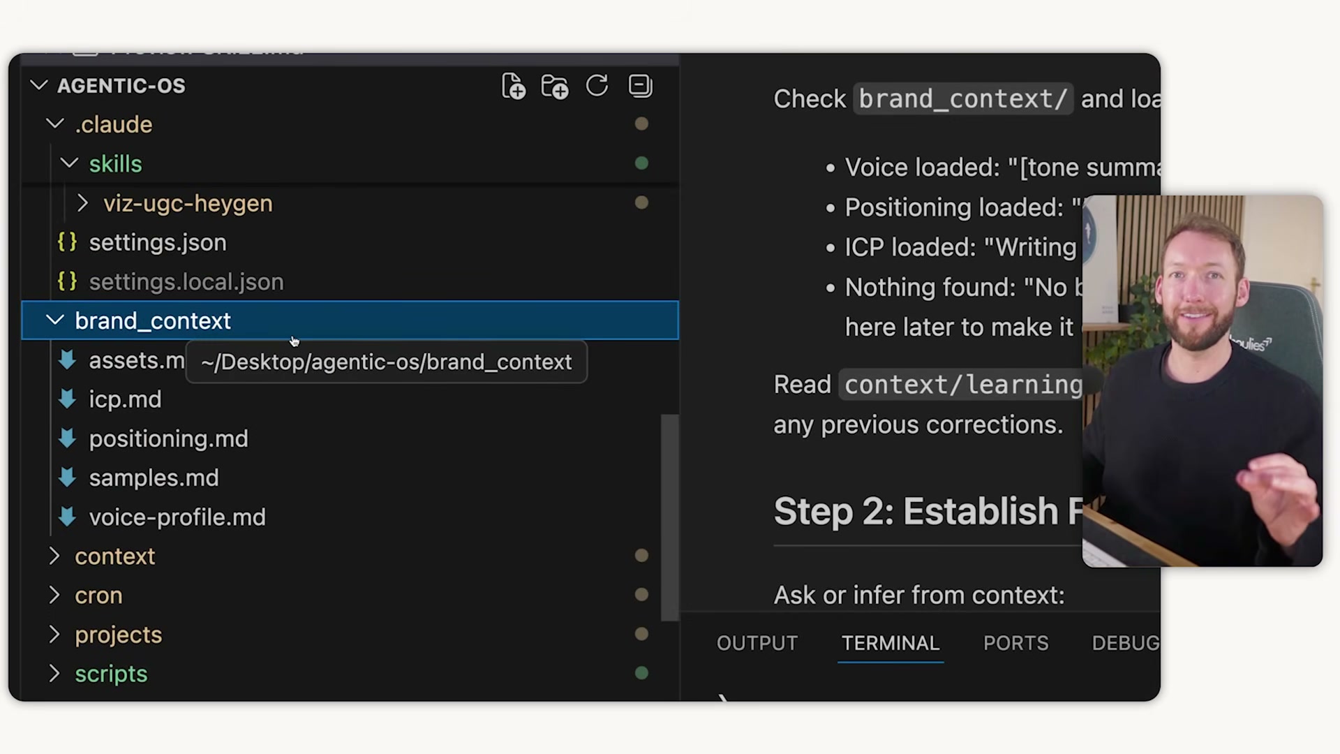 The brand_context/ folder: five markdown files that give every skill your voice, positioning, ideal customer, and sample outputs