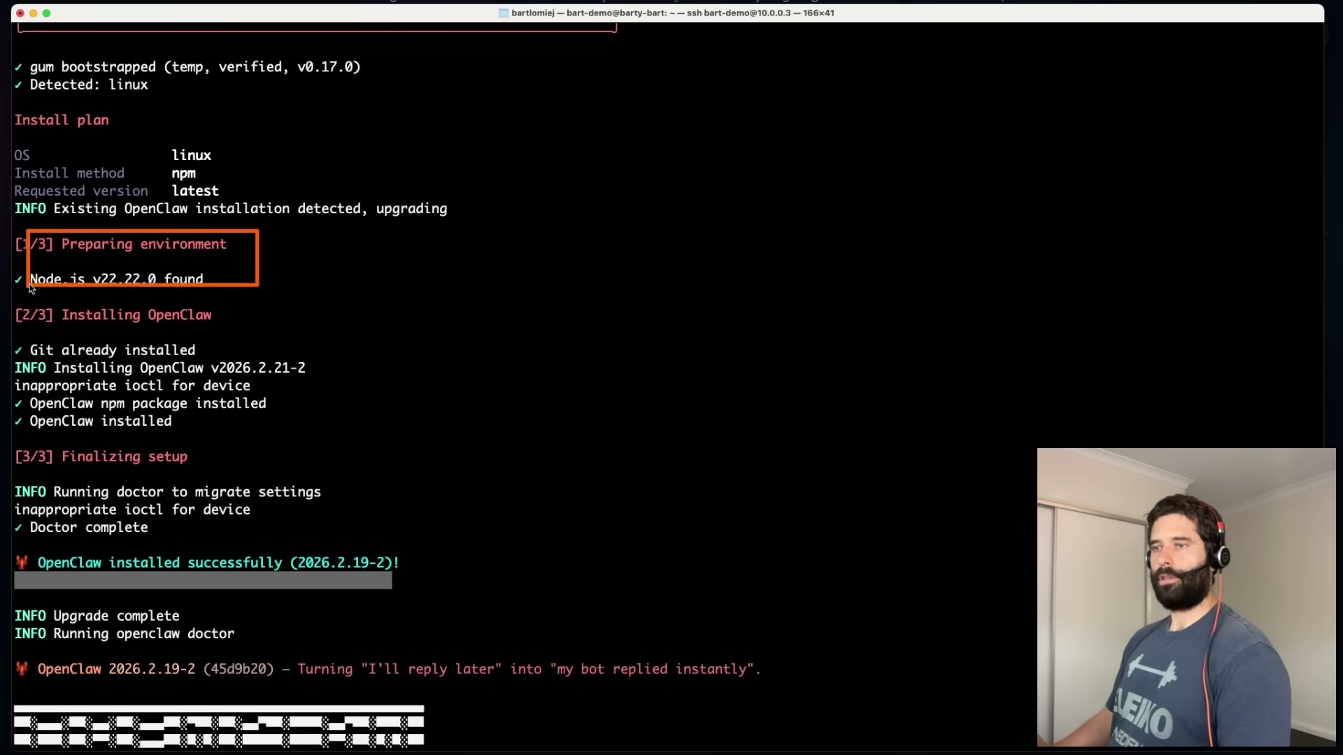 Three-phase install completes: OpenClaw v2026.2.19-2 confirmed installed and healthy on the Raspberry Pi