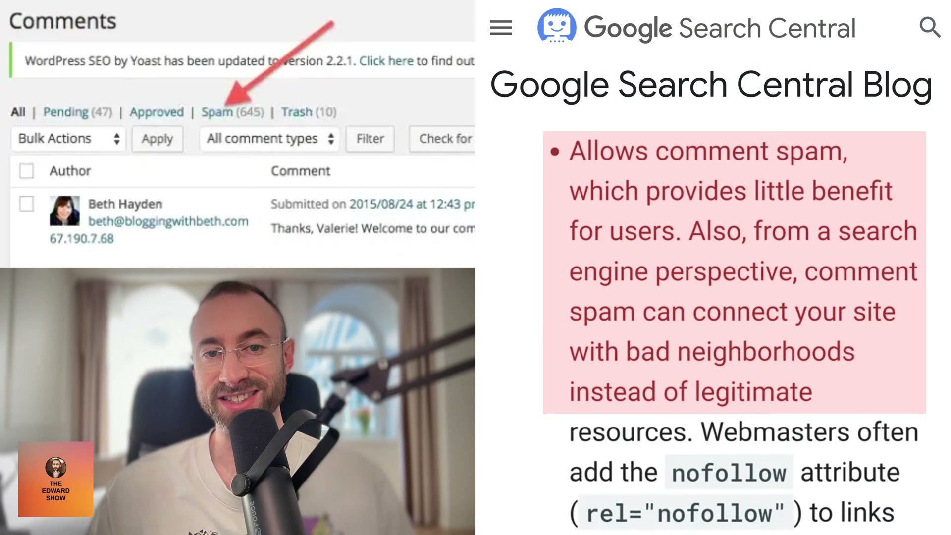 WordPress comment spam is an outbound link risk — Google warns it connects your site to bad neighborhoods