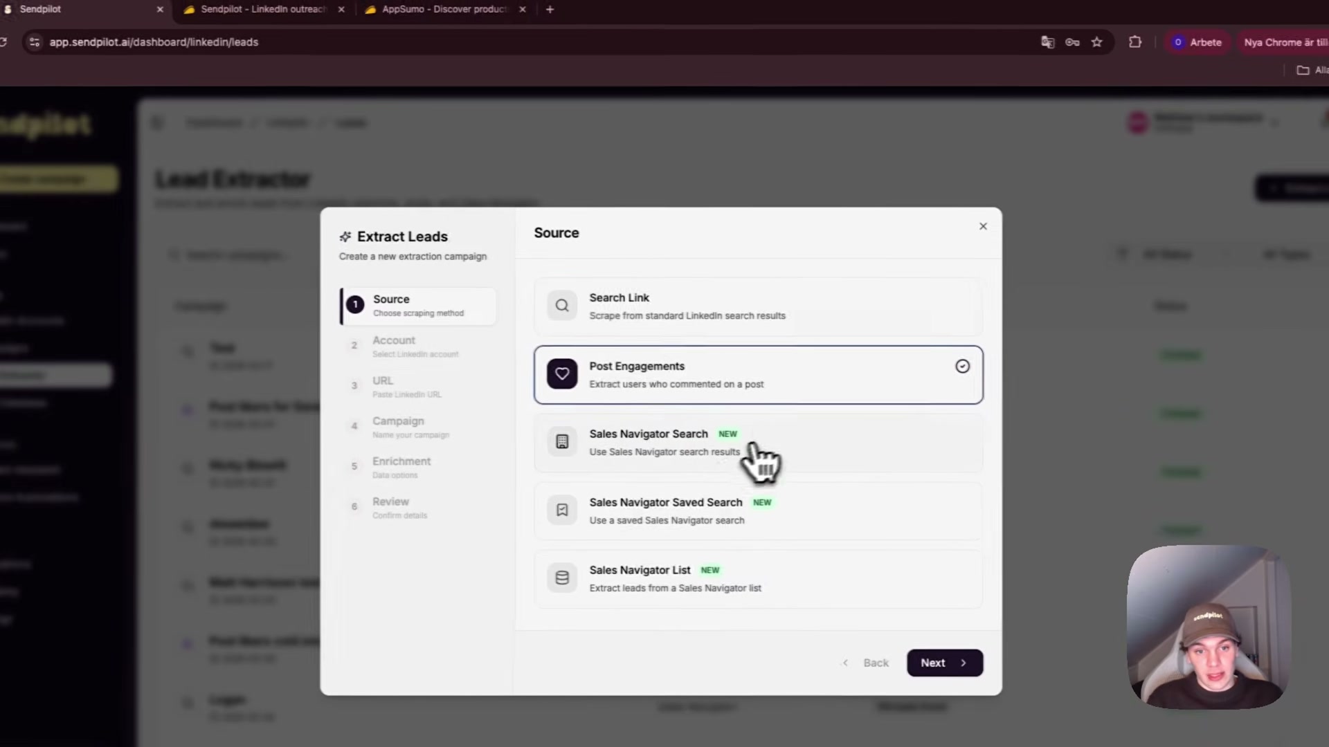 Lead Extractor source options in SendPilot: LinkedIn Search, Post Engagements, or Sales Navigator integrations