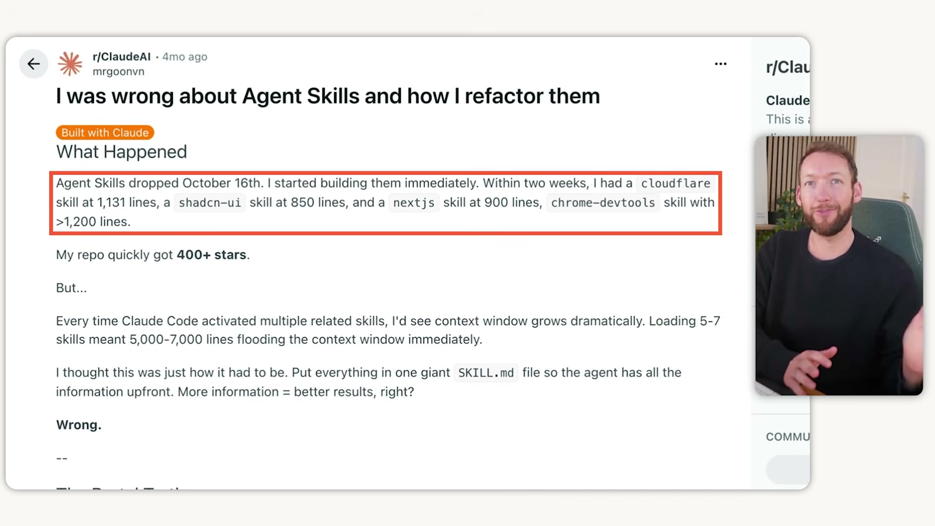 A viral r/ClaudeAI post exposed the hidden cost of monolithic skill files: 7,000 lines of context loaded before Claude writes a single word.