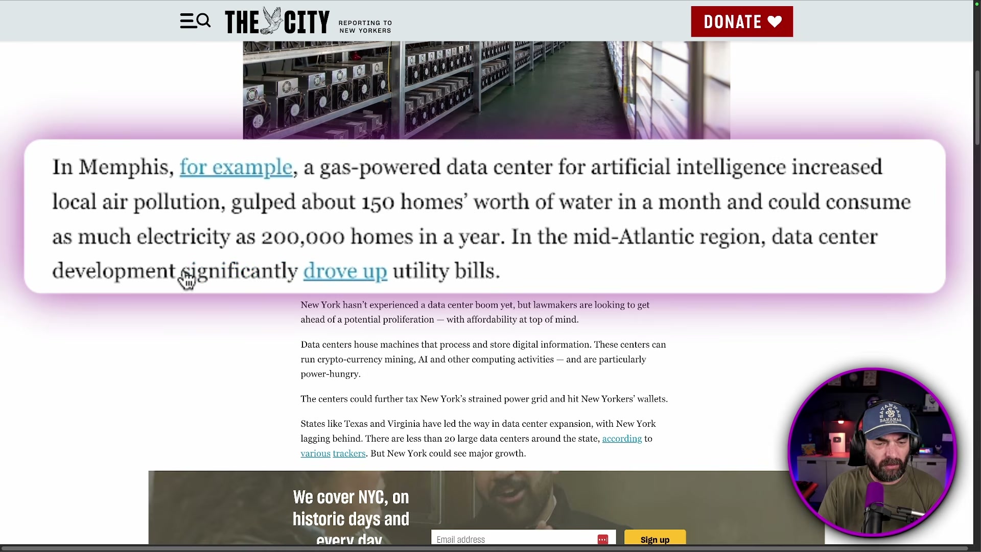 The City documents real-world data center harms: one Memphis AI facility used 200,000 homes' worth of electricity and drove up utility bills across the mid-Atlantic region