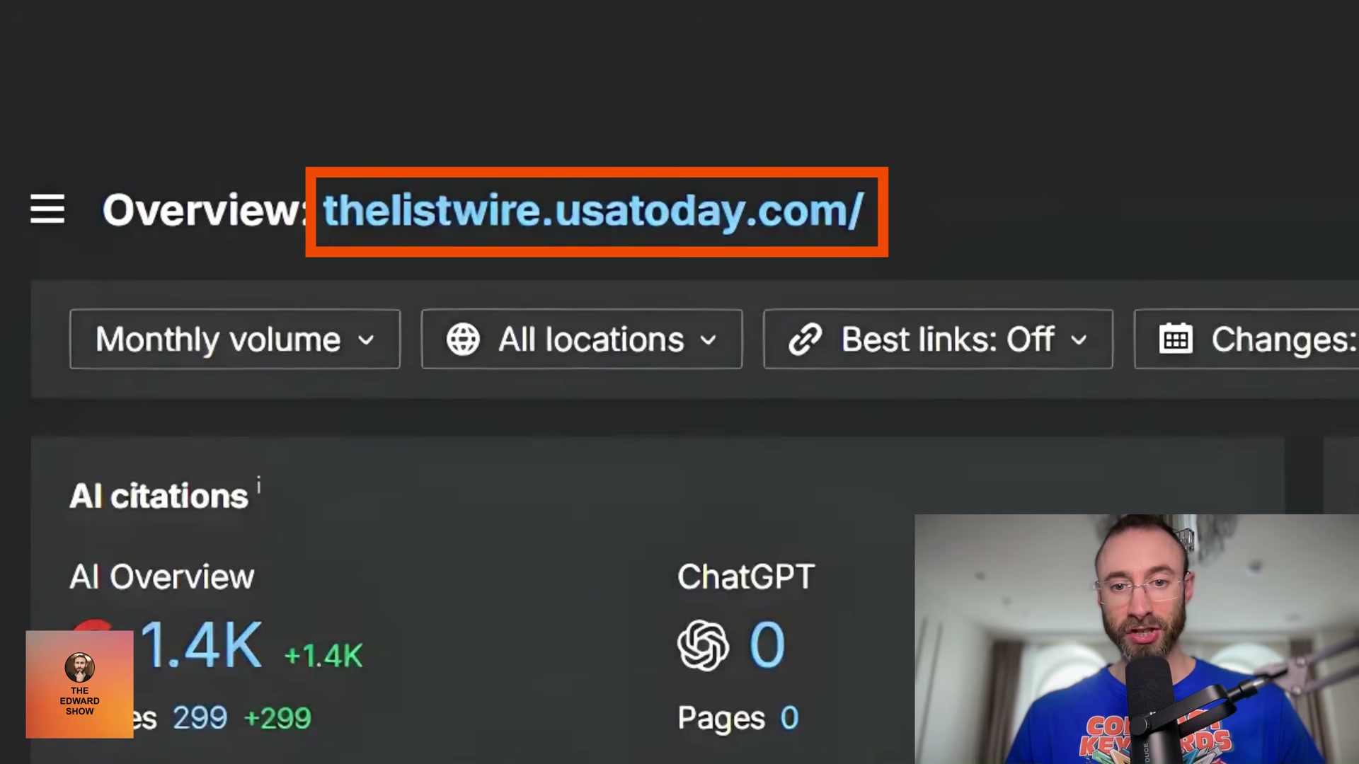 Inside an SEO tool: a USA Today subdomain showing 1,400+ AI Overview citations — a live example of a site gaining post-update visibility