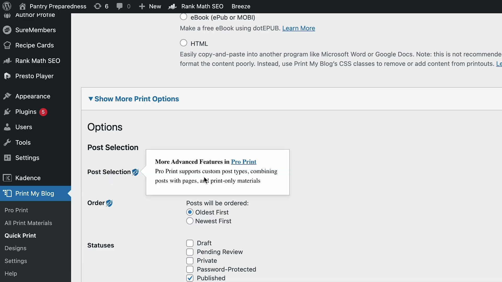 Print My Blog Quick Print settings: select Published posts, set order to Oldest First, and choose PDF as your output format