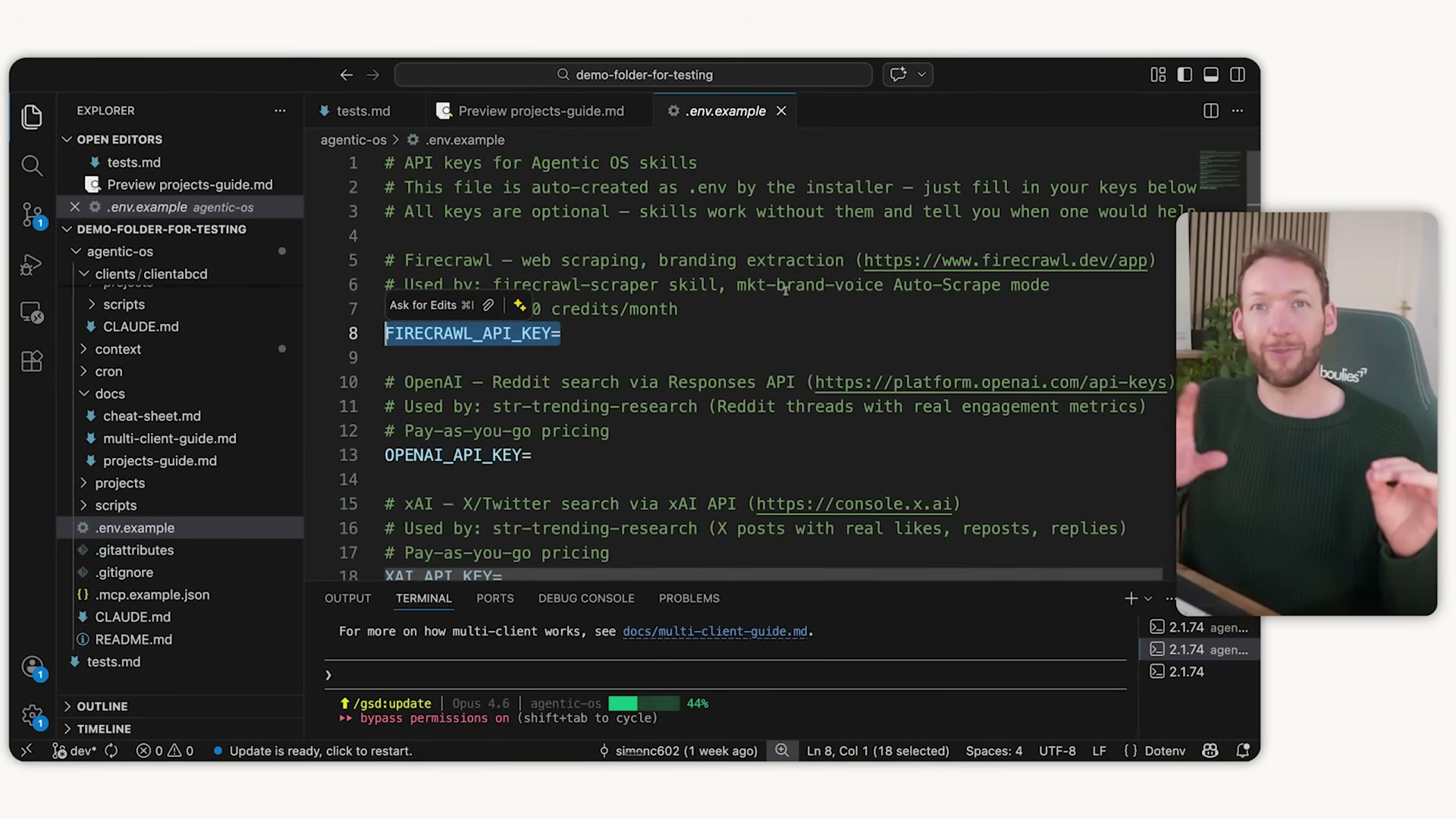 Your .env.example file: where API keys for Firecrawl, OpenAI, and X/Twitter integrations are stored.