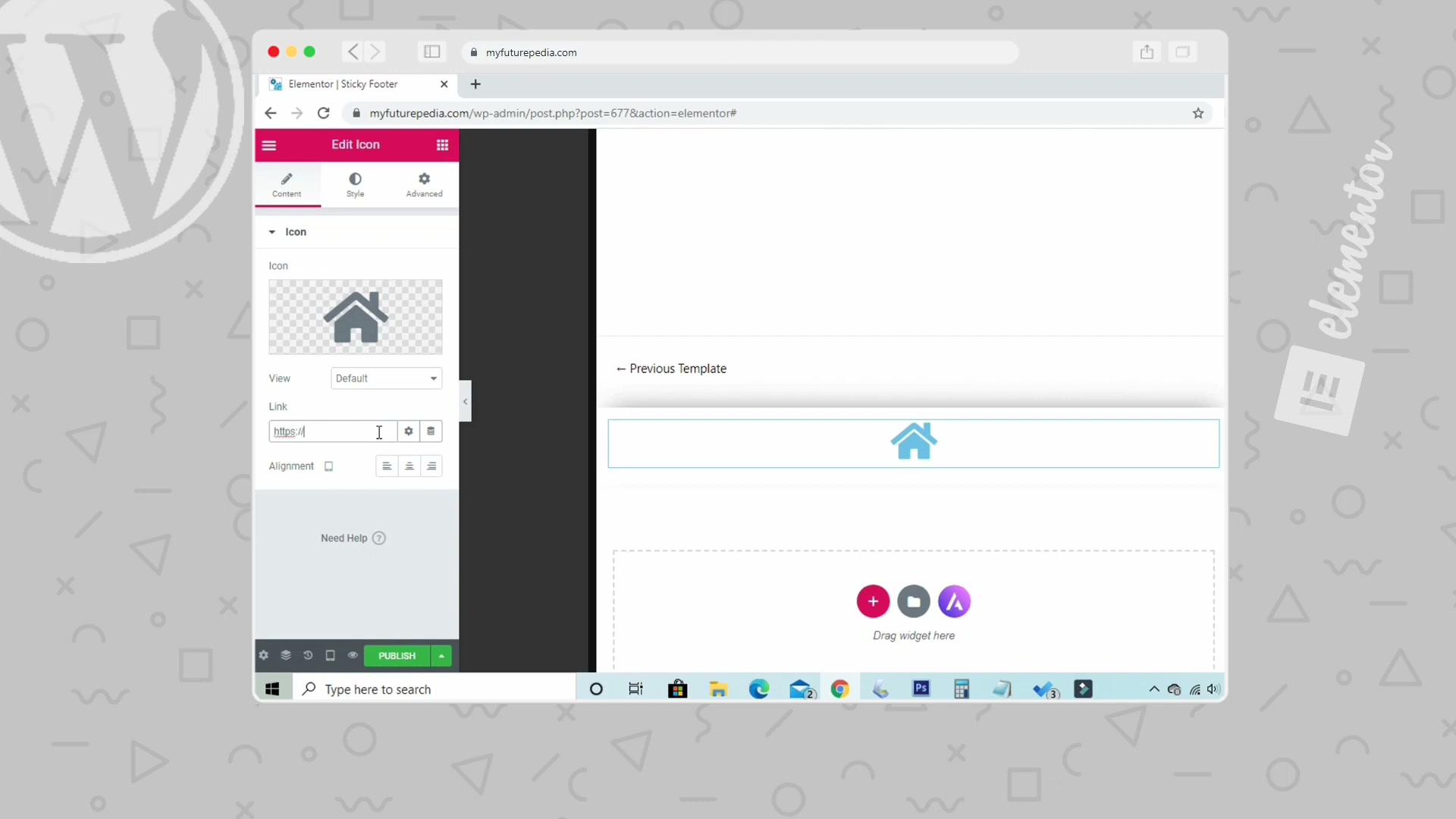 Configure the Icon widget with a home icon, set your homepage URL in the Link field, and choose your alignment.