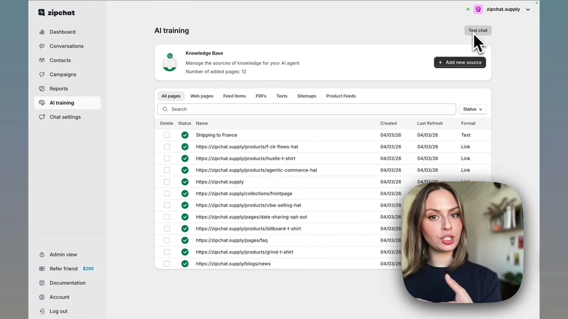 With 12 sources indexed — including a manually added 'Shipping to France' text entry — click 'Test chat' to validate AI responses before going live.