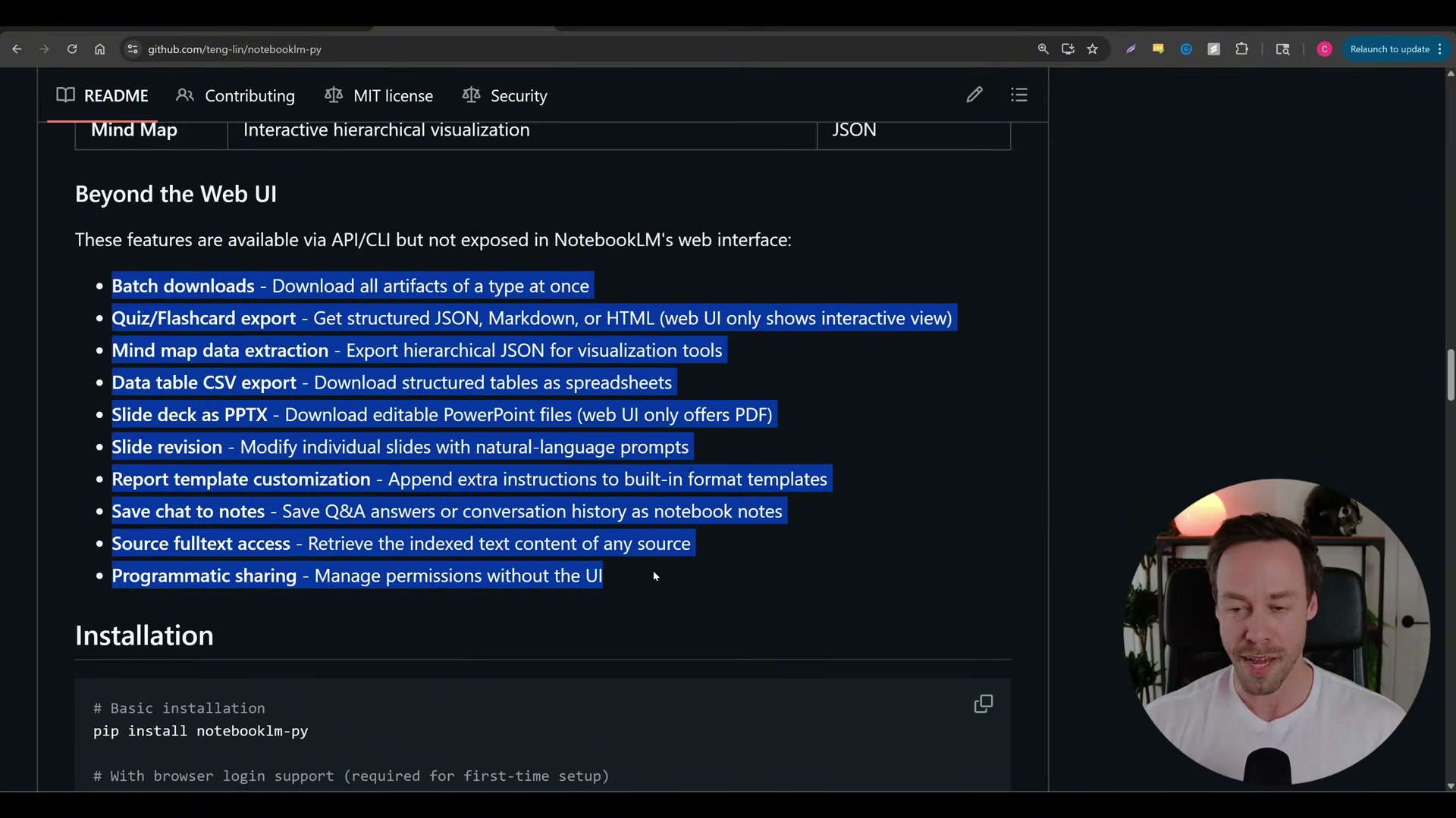 Eight things notebooklm-py can do that the web UI cannot — batch artifact downloads, editable PPTX decks, and CSV data tables are all API-only.